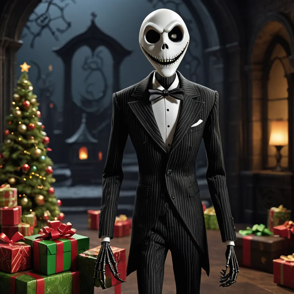 a skeleton dressed in a suit and bow tie with presents around him and a christmas tree in the background, gothic art, an ambient occlusion render, Ernest William Christmas, promotional image