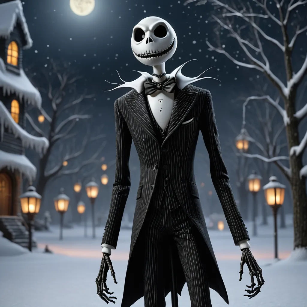 a skeleton dressed in a suit and bow tie standing in the snow at night with a full moon in the background, gothic art, a character portrait, Ernest William Christmas, promotional image
