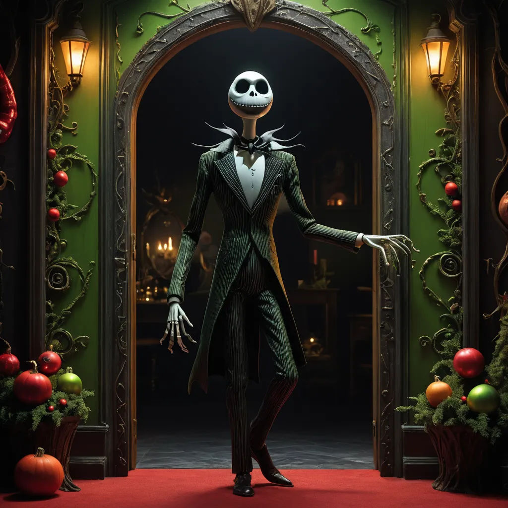 a skeleton dressed in a suit and tie standing in front of a doorway with christmas decorations and decorations around it, maximalism, poster art, Ernest William Christmas, promotional image