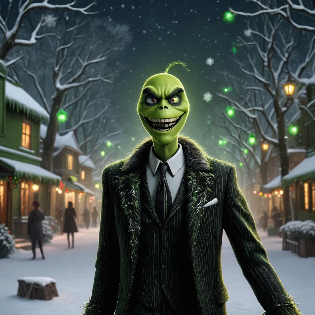 a green alien dressed in a suit and tie standing in the snow in front of a snowy town at night, les nabis, a detailed matte painting, Ernest William Christmas, promotional image