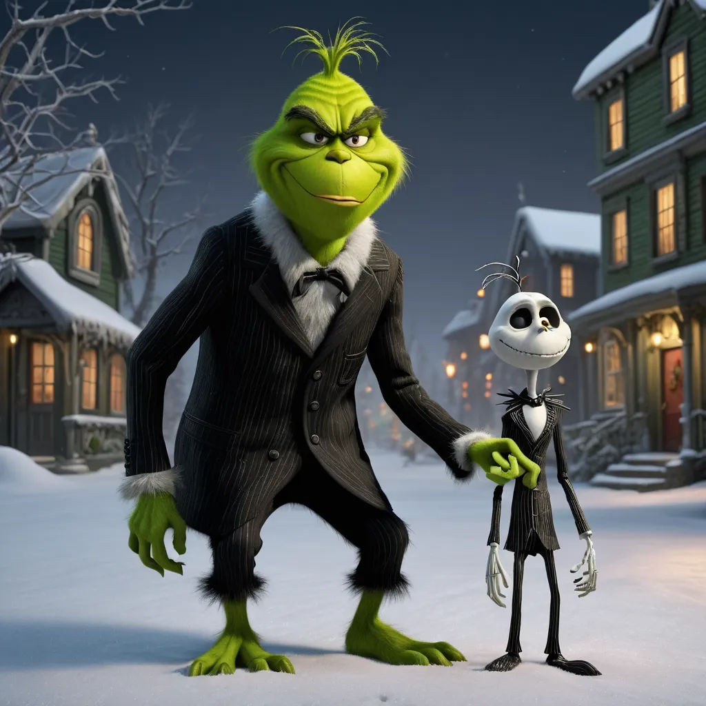 a cartoon character holding hands with a skeleton in a suit and tie in the snow outside a house at night, antipodeans, an ambient occlusion render, Felix-Kelly, promotional image