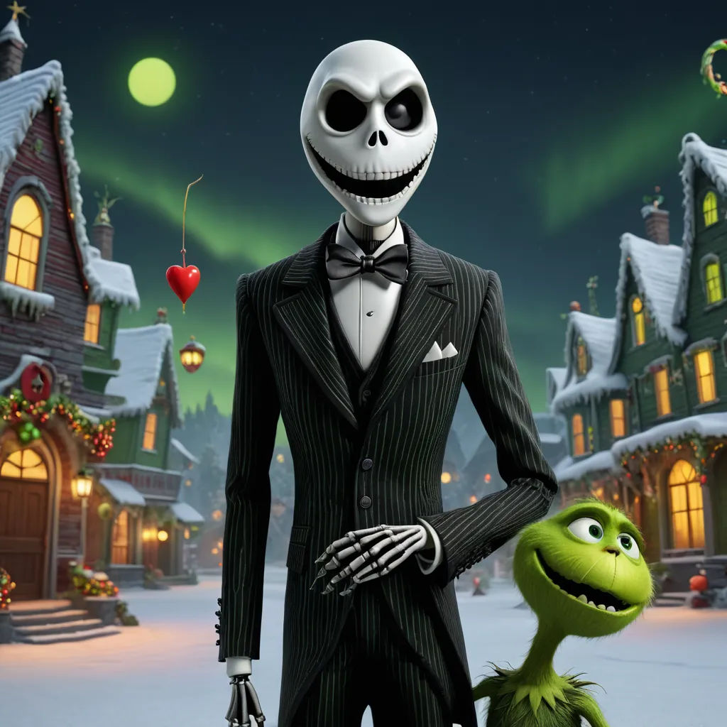 a skeleton dressed in a suit and a skeleton in a suit stand in front of a house with a christmas tree, international gothic, an ambient occlusion render, Ernest William Christmas, promotional image