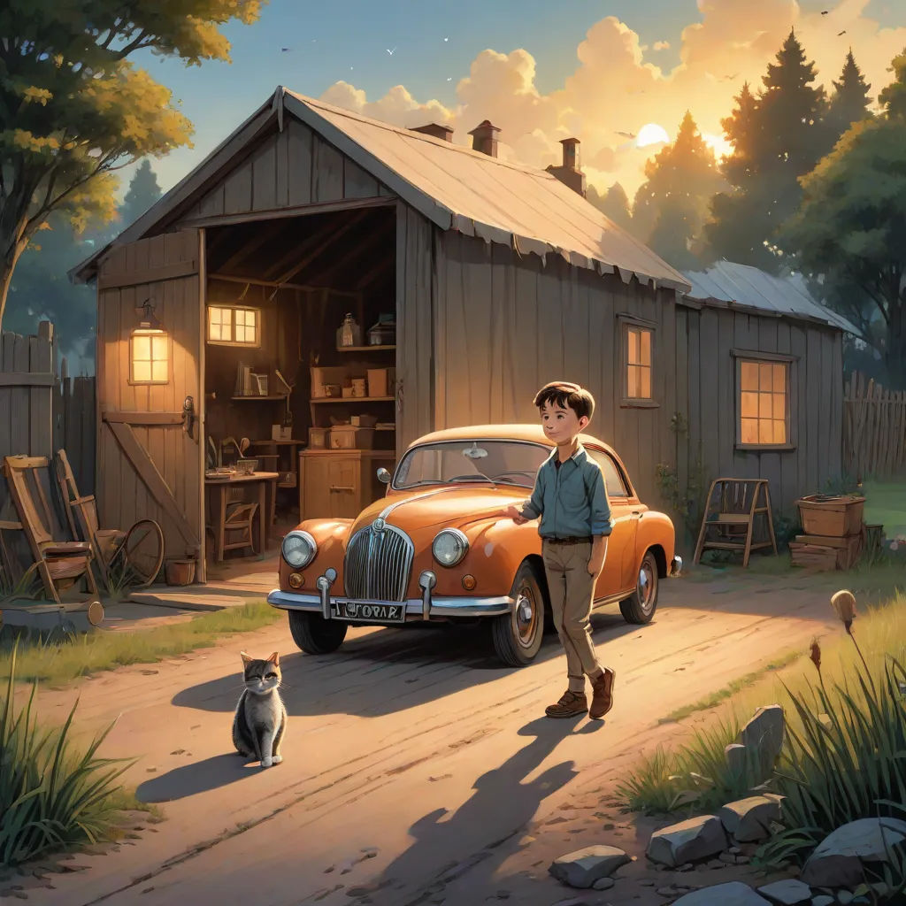 a man standing next to a car in front of a barn with a cat sitting on the ground next to it, Evgeny Lushpin, magic realism, a storybook illustration, kinkade