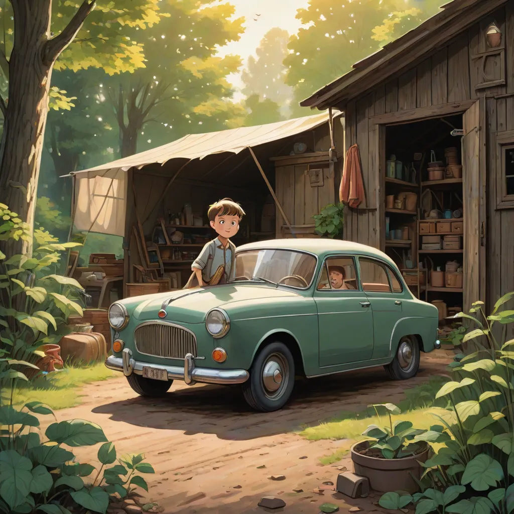 a boy standing on the hood of a car in a garage with a boy looking out the window and a man standing in the doorway, Evgeny Lushpin, magical realism, a detailed matte painting, cushart krenz