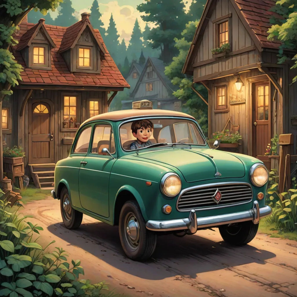 a painting of a man driving a car in front of a house with a monkey on the roof of it, Evgeny Lushpin, magic realism, a storybook illustration, kinkade