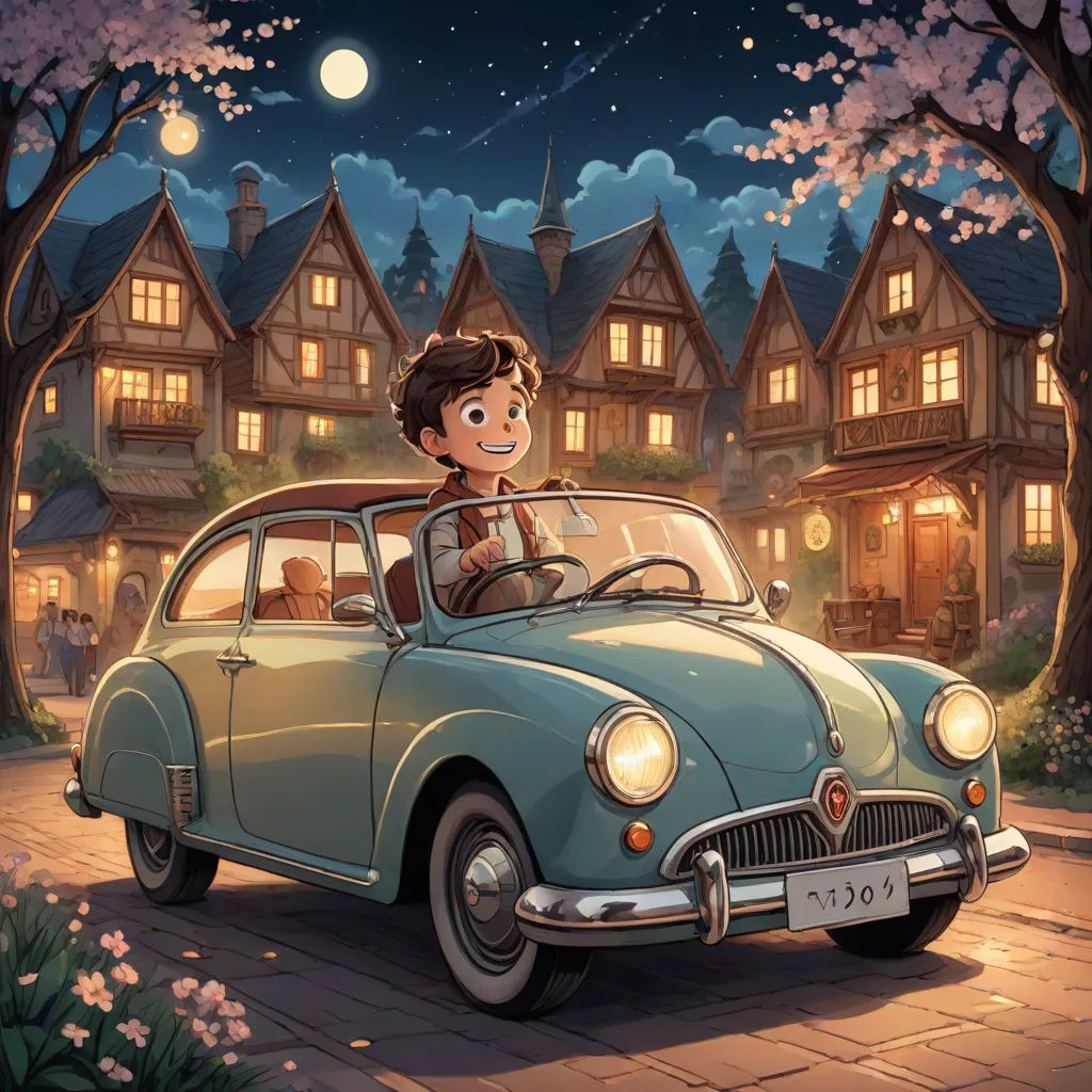 a boy is driving a car in front of a house at night with a full moon in the sky, Evgeny Lushpin, fantasy art, a storybook illustration, official art