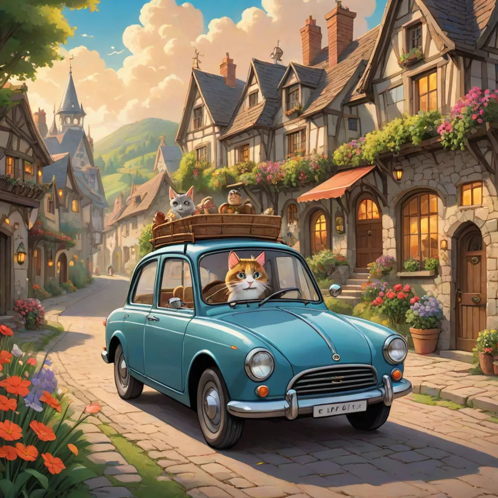 a cat is sitting in a car with a suitcase on top of it's roof and a cat is sitting in the back, Chris LaBrooy, fantasy art, a storybook illustration, kinkade