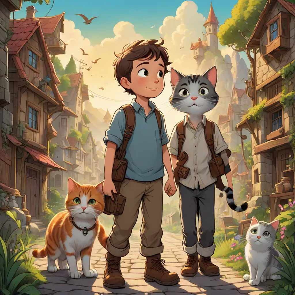 a boy and a cat standing in front of a village with a cat on the street and a bird on the ground, Diego Gisbert Llorens, furry art, poster art, official art
