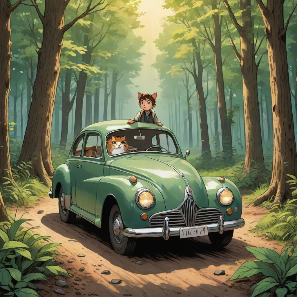 a car driving down a dirt road in a forest with a cat sitting on the top of the car, Aaron Jasinski, magical realism, a storybook illustration, ghibli
