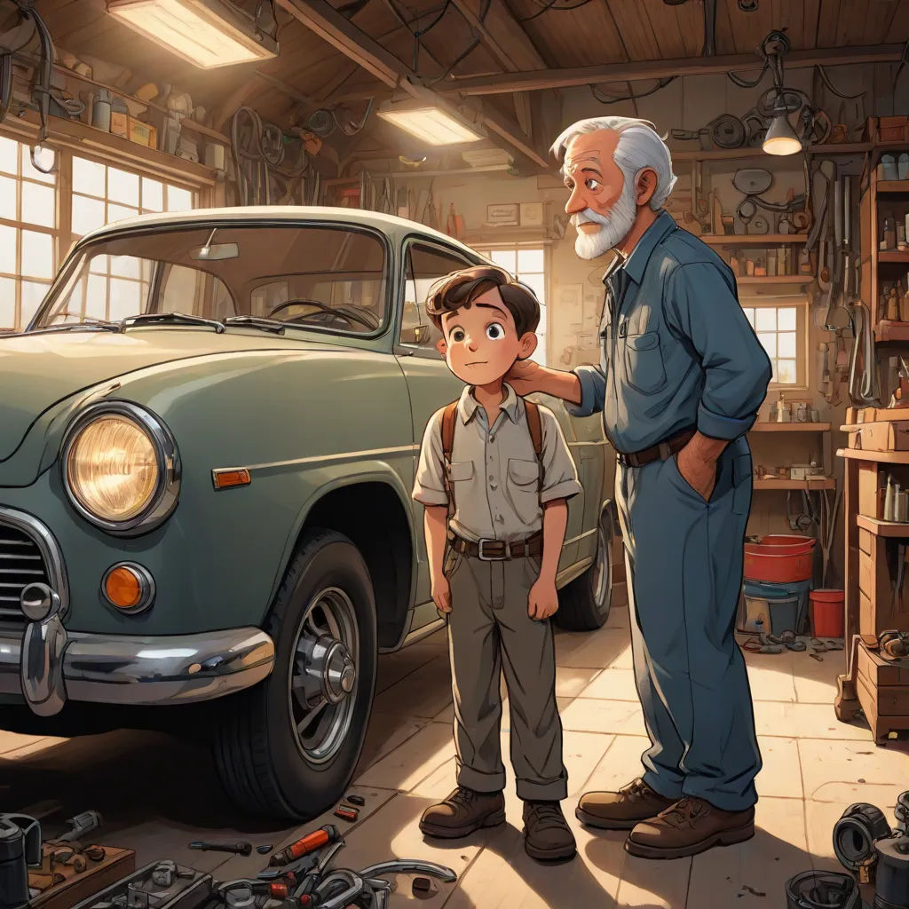 a man and a boy standing in front of a car in a garage with a man in the background, Aaron Jasinski, american scene painting, a storybook illustration, ghibli