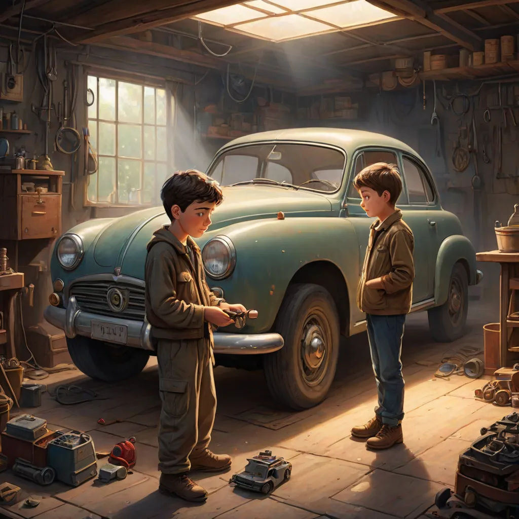 two boys are standing in front of a car in a garage with tools and tools on the floor and a light shining on the car, Brothers Hildebrandt, photorealism, a detailed matte painting, highly detailed digital painting