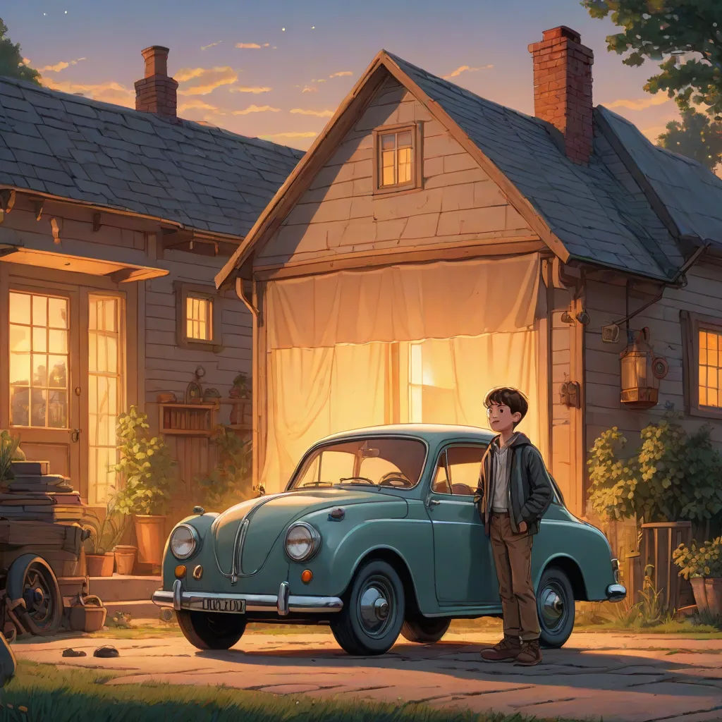 a boy standing next to a car in front of a house at night with a woman standing next to it, Aaron Jasinski, fantastic realism, a storybook illustration, ghibli