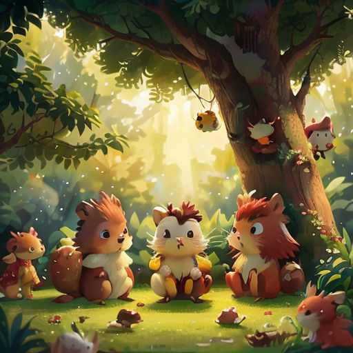 a group of animals sitting under a tree in a forest with a bee flying above them and a honeybee on the ground