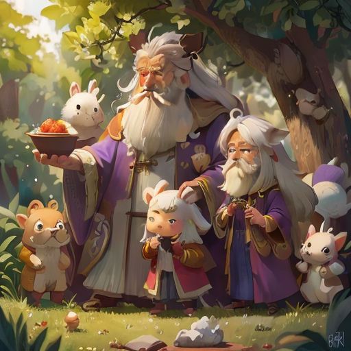 a painting of a wizard with many animals in the forest, and a man holding a tray of food