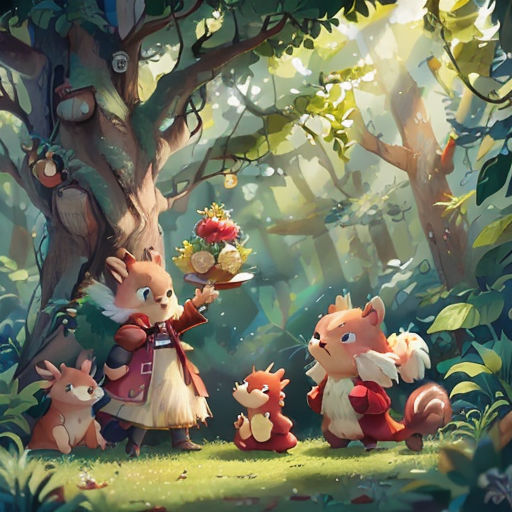 a painting of a forest with a squirrel and other animals in it and a squirrel holding a plate of food