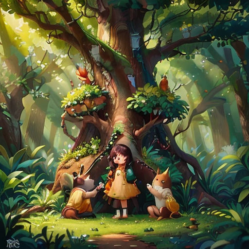 a girl standing in front of a tree with animals around her and a forest background with a fox and a girl