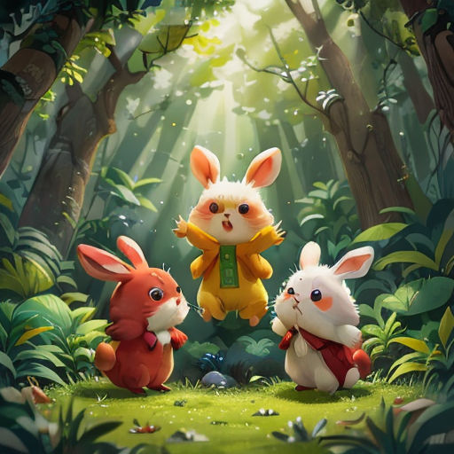 a group of rabbits standing in the middle of a forest with a bunny holding a carrot in its hand
