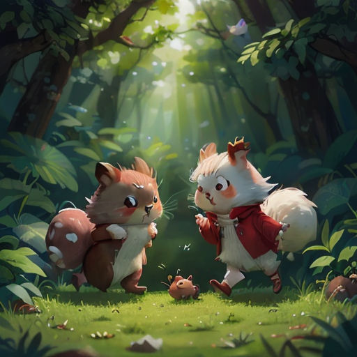 two cats are walking through a forest with a mushroom on its back and a mushroom on its back,