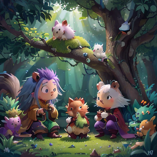 a group of animals sitting on top of a forest floor next to a tree with a forest scene in the background