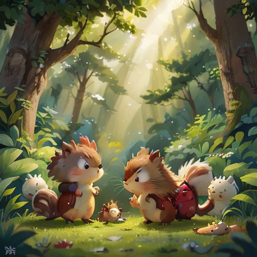 a couple of animals that are in the grass together in the woods with sunlight streaming through the trees behind them