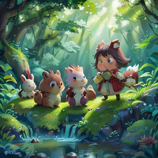 a girl and her animals are standing on a hill in the forest by a stream of water and trees