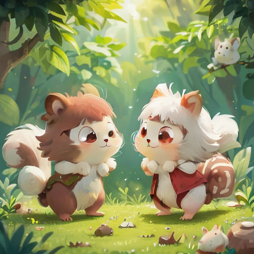 two animals are standing in the grass near a tree and a squirrel is sitting on the ground next to them