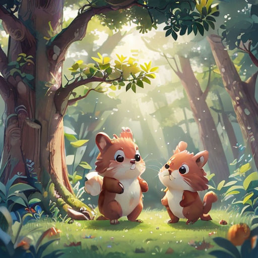 two foxes in the forest with sunlight coming through the trees and grass on the ground, one of them is looking at the camera