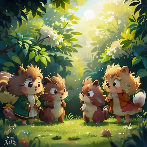 a group of animals standing in the middle of a forest with trees and flowers in the background, with a sun shining through the trees