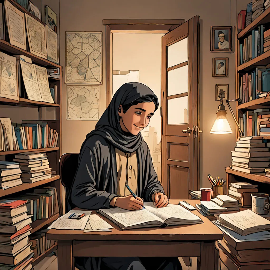 a woman sitting at a desk with a book and pen in her hand and a book on the desk, qajar art, a comic book panel, Farel Dalrymple, graphic novel