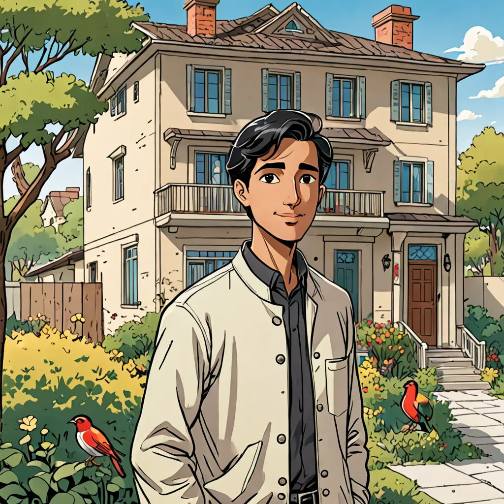 a man standing in front of a house with birds on the ground and trees in the background, with a bird on his shirt, arts and crafts movement, a comic book panel, Everett Warner, official art