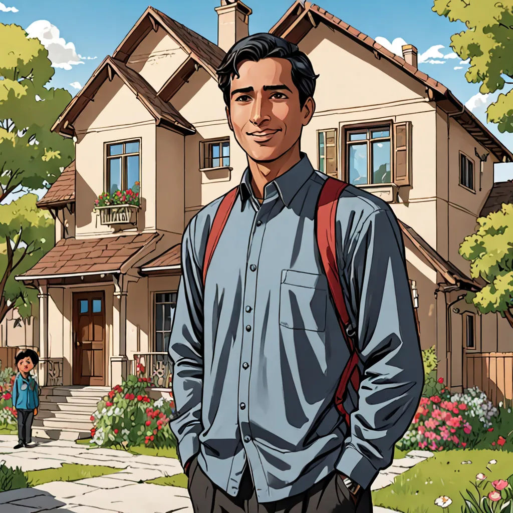 a man standing in front of a house with a backpack on his back and a little boy in the background, vancouver school, a character portrait, Asaf Hanuka, official art