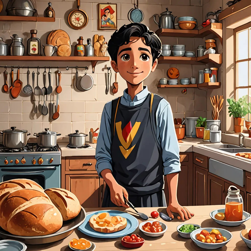 a man standing in a kitchen preparing food on a table with a knife and fork in front of him, magic realism, a storybook illustration, Alejandro Burdisio, storybook illustration