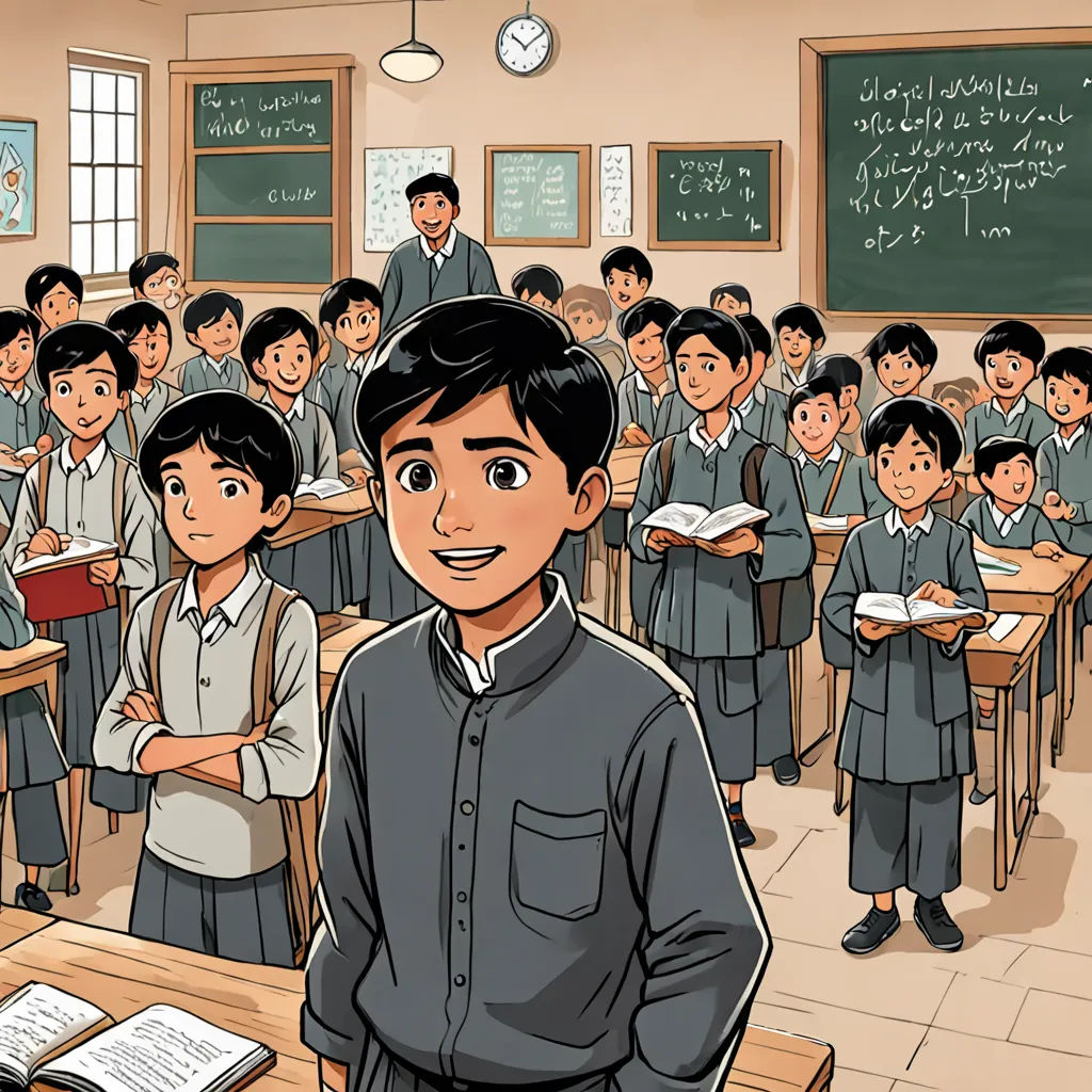 a cartoon of a boy standing in front of a classroom full of students with books on the desks, vancouver school, a comic book panel, Amir Zand, graphic novel