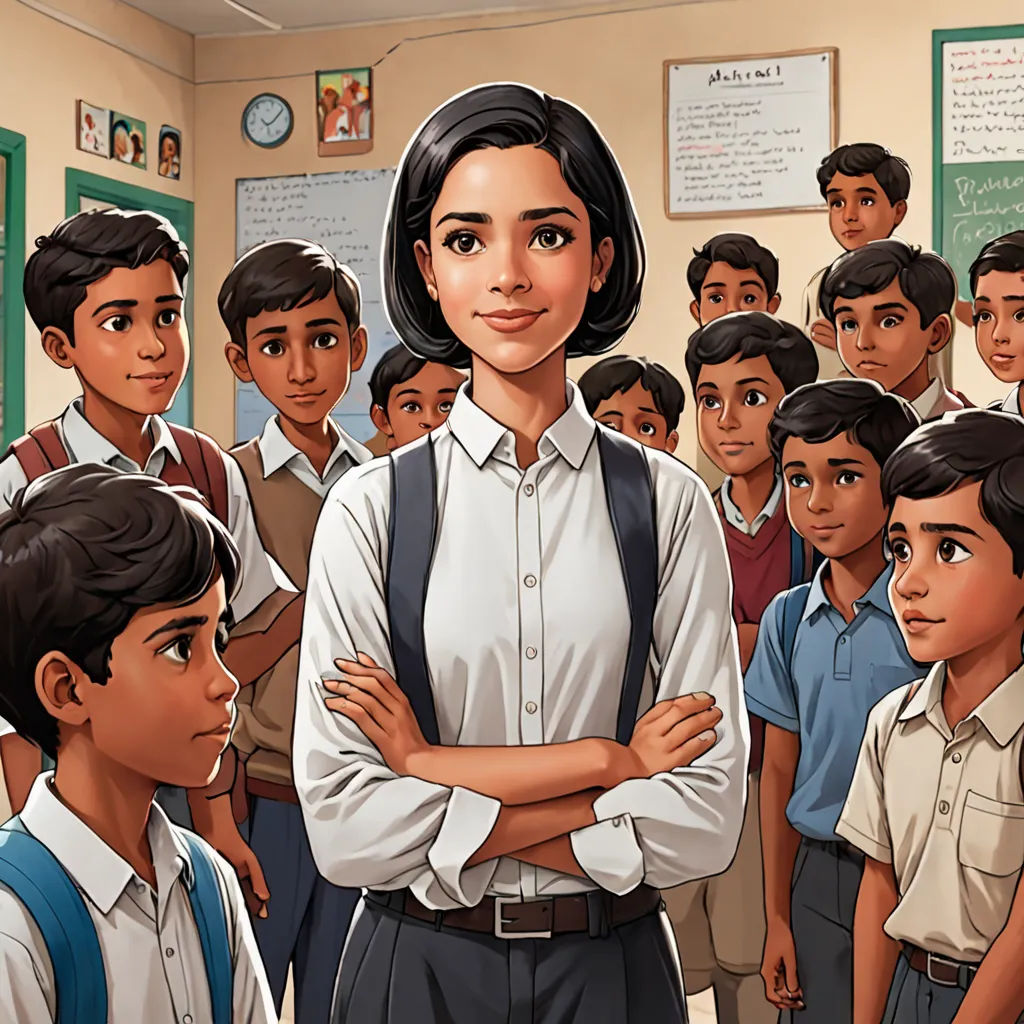 a cartoon of a woman standing in front of a group of children in a classroom with her arms crossed, bengal school of art, a storybook illustration, Ella Guru, official art