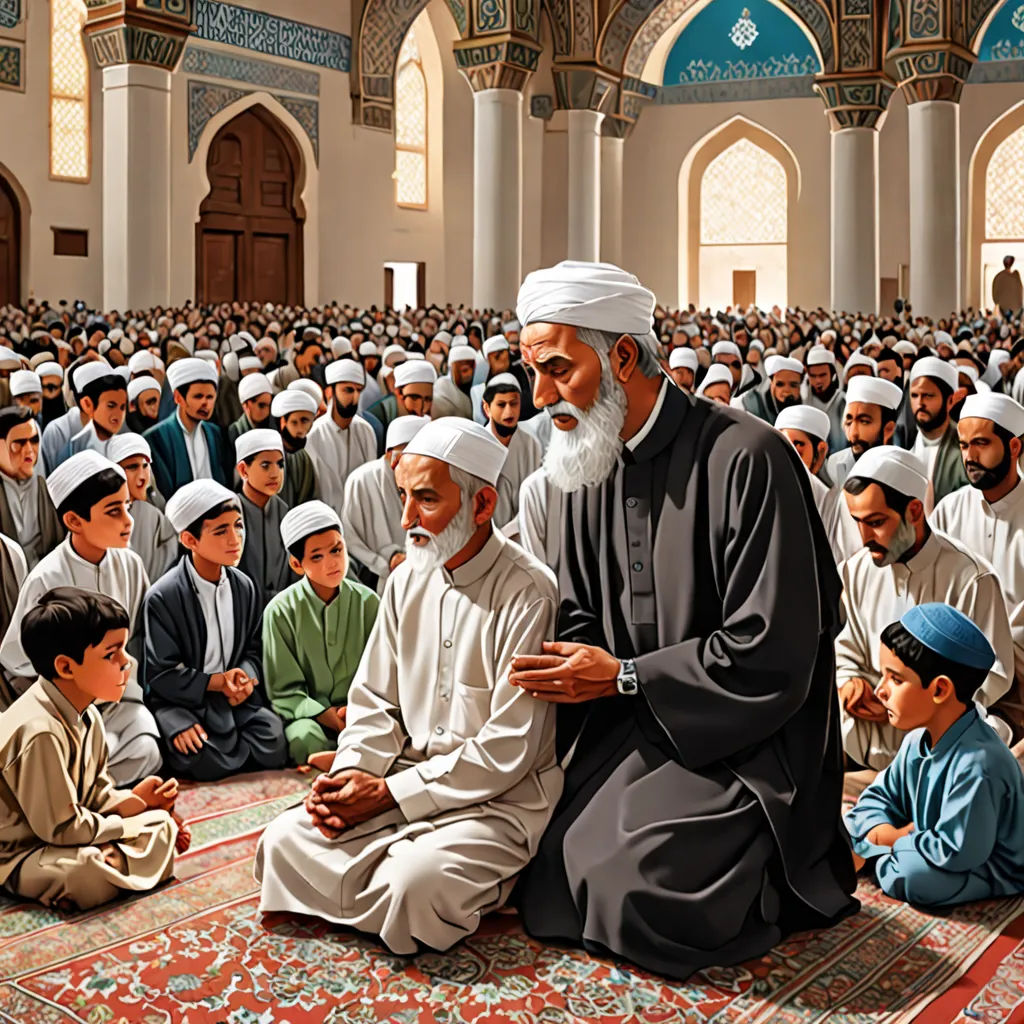 a painting of a group of men sitting on a rug in a mosque with a man standing in front of them, qajar art, a detailed painting, Brothers Hildebrandt, highly detailed digital painting
