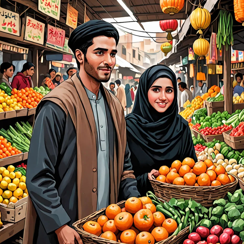 a man and woman standing in front of a fruit stand with baskets of oranges and other fruit in front of them, socialist realism, a storybook illustration, Altoon Sultan, highly detailed digital painting