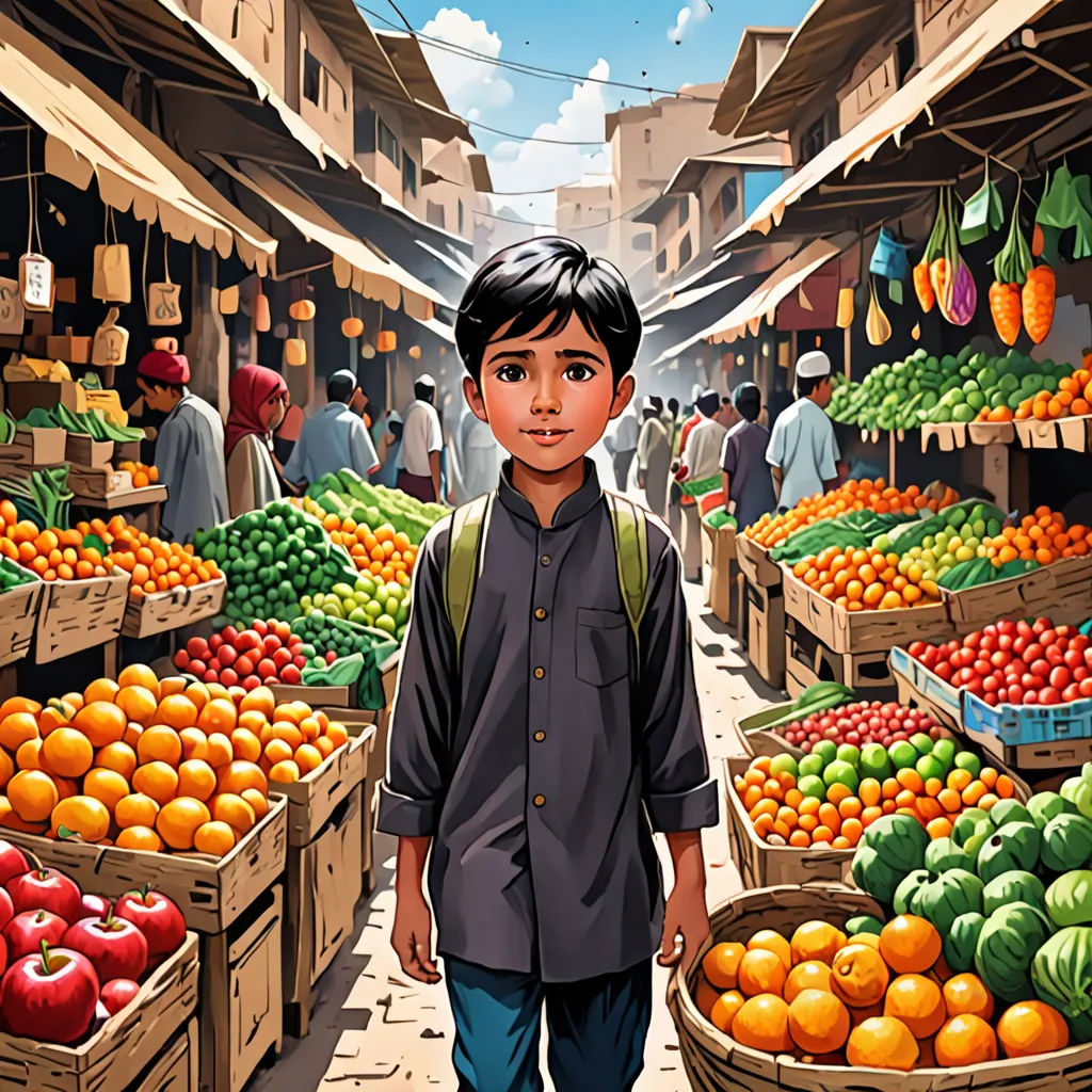 a boy standing in front of a fruit stand with oranges and apples in baskets on the ground and people in the background, hurufiyya, a storybook illustration, Asaf Hanuka, highly detailed digital painting