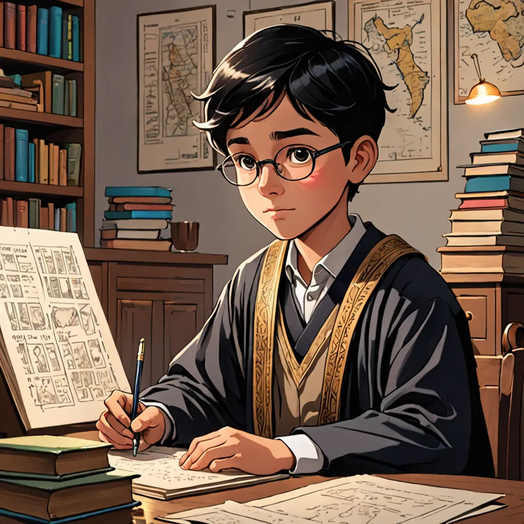 a boy in a harry potter outfit sitting at a desk with a book and pen in his hand and a book on the desk, academic art, a comic book panel, Diego Gisbert Llorens, yukito kishiro