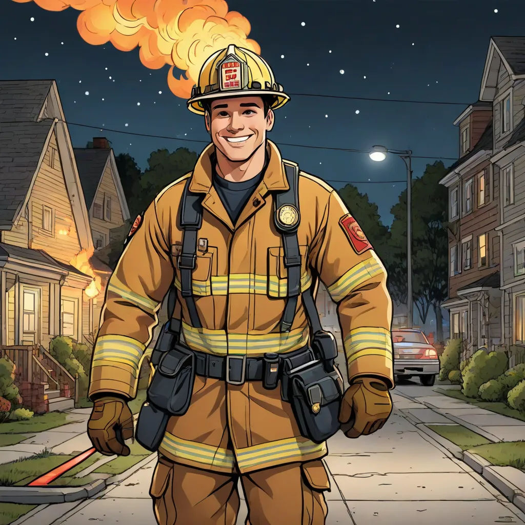 a fireman standing in front of a fire hydrant with a fire coming out of his mouth and a house on fire, auto-destructive art, a comic book panel, Chris LaBrooy, promotional image