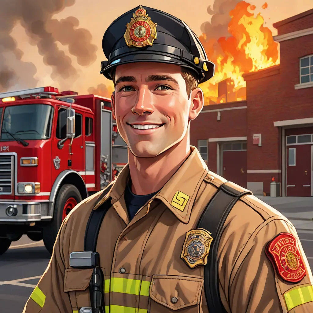 a fireman standing in front of a fire truck and a fire truck in the background with a fire, american scene painting, a character portrait, Chris LaBrooy, promotional image
