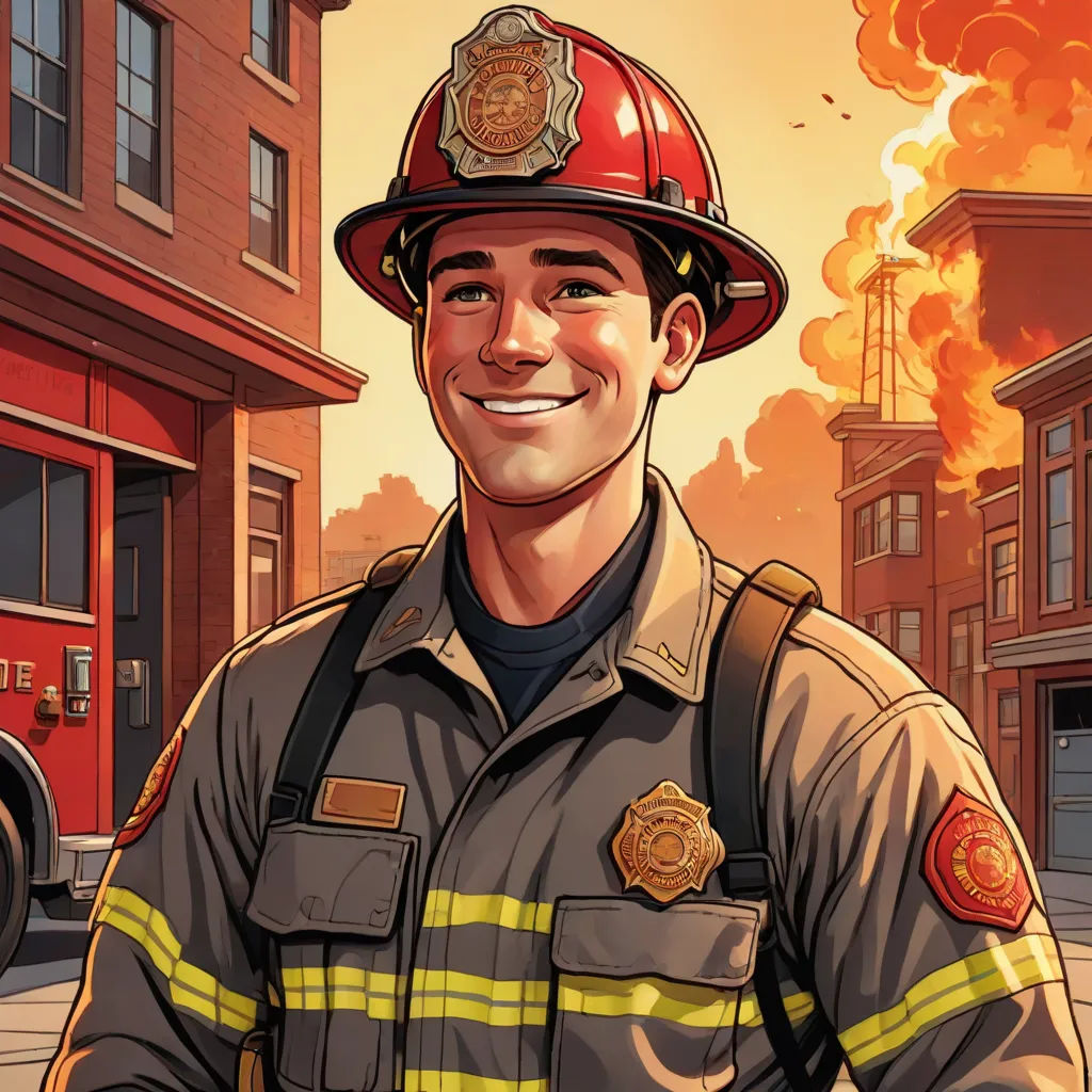 a cartoon fireman standing in front of a fire truck and a fire hydrant with a fire coming out of it, american realism, a character portrait, Chris LaBrooy, character portrait