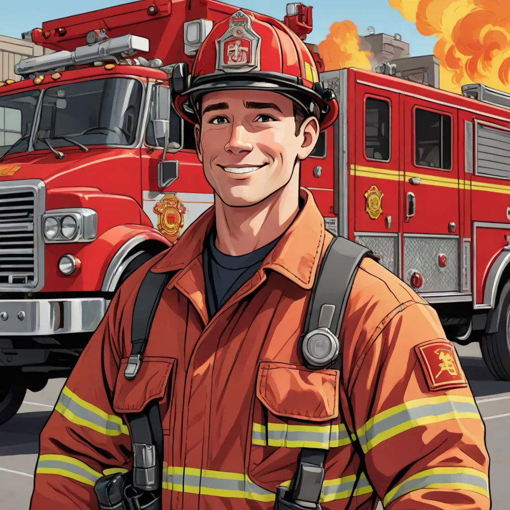 a fireman standing in front of a fire truck with a fire in the background and a building on fire, furry art, a comic book panel, Chris LaBrooy, official art