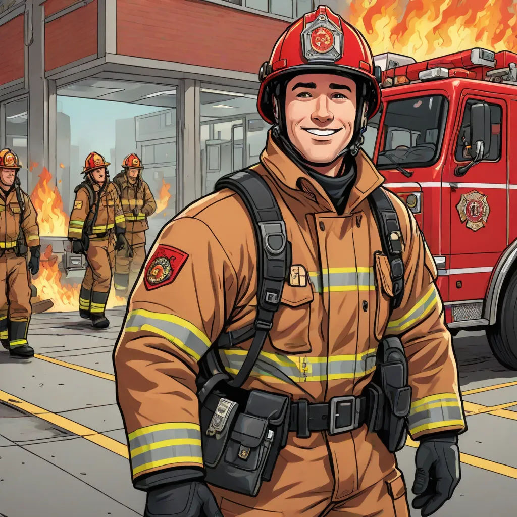 a fireman standing in front of a fire truck with a fireman in the background smiling at the camera, furry art, a comic book panel, Chris LaBrooy, official art