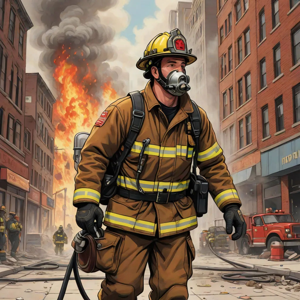a firefighter is walking down a street with a hose in his mouth and a fire in the background, american scene painting, a comic book panel, Chris LaBrooy, comic cover art