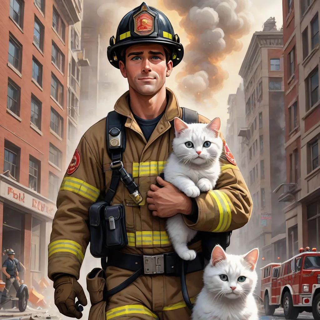 a fireman holding a cat and a cat in his arms in front of a fire scene with a fire truck and fire fighters, furry art, a hyperrealistic painting, Chris LaBrooy, kinkade