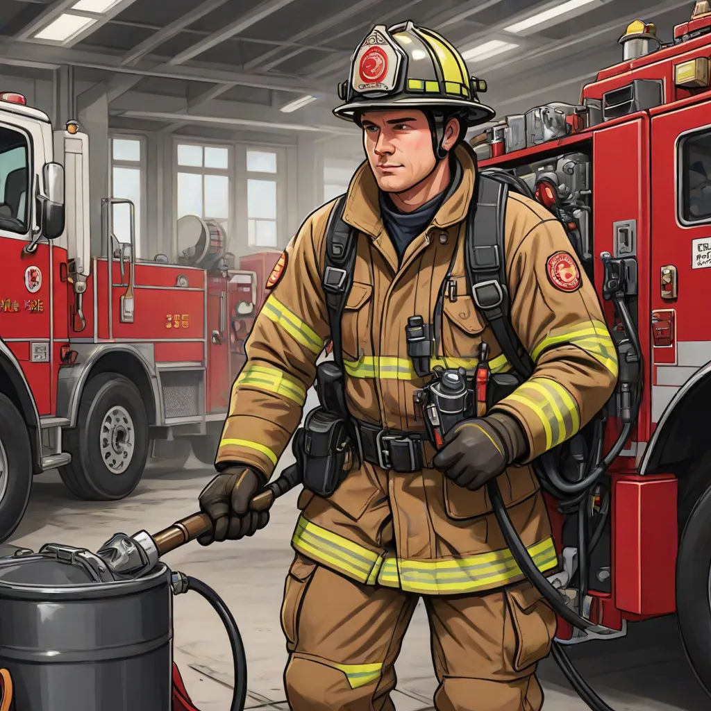 a fireman is standing in a garage with a bucket of water and a fire truck in the background, american scene painting, concept art, David Park, official art