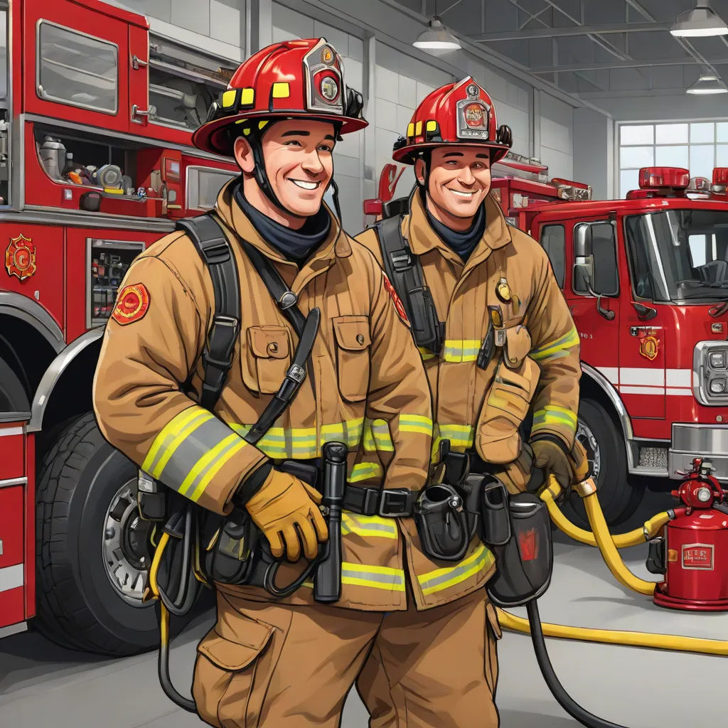 two fire fighters standing next to each other in front of a fire truck with a hose attached to the hose, photorealism, a digital rendering, Brothers Hildebrandt, highly detailed digital painting