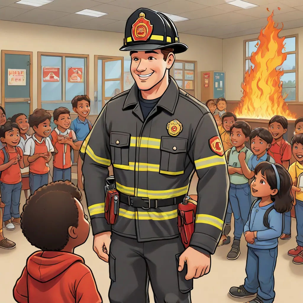 a fireman standing in front of a group of children in a classroom with a fireman in the background, american scene painting, a storybook illustration, Chris LaBrooy, graphic novel