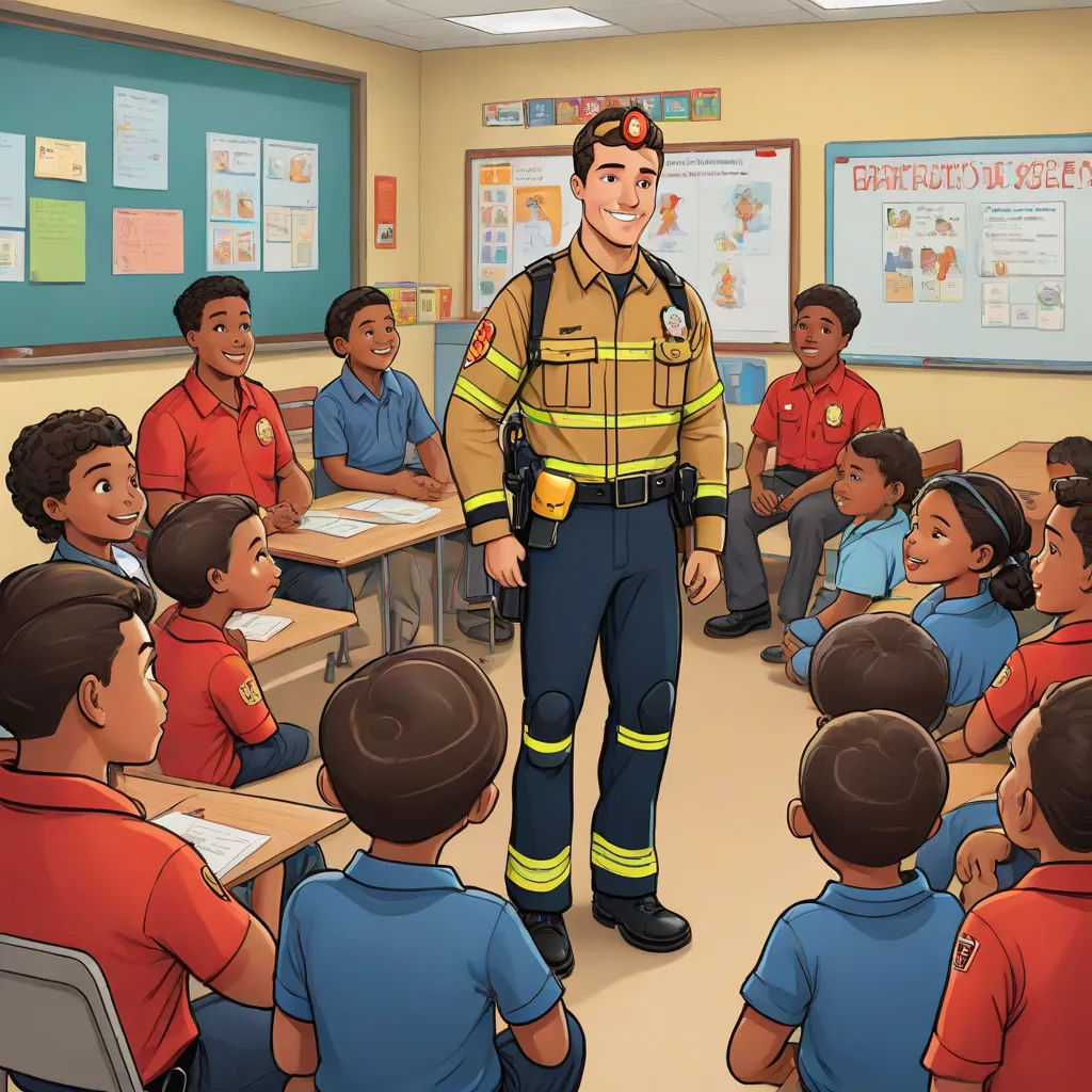 a fireman standing in front of a classroom full of children in uniform and smiling at the camera,, american scene painting, a digital rendering, Americo Makk, promotional image