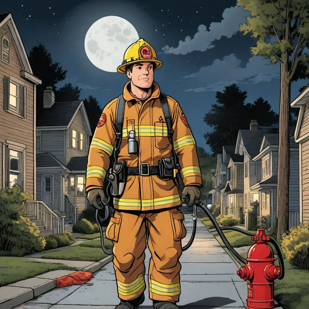 a fireman is walking down the street with a hose in his hand and a fire hydrant in the foreground, underground comix, a comic book panel, Chris Ware, promotional image